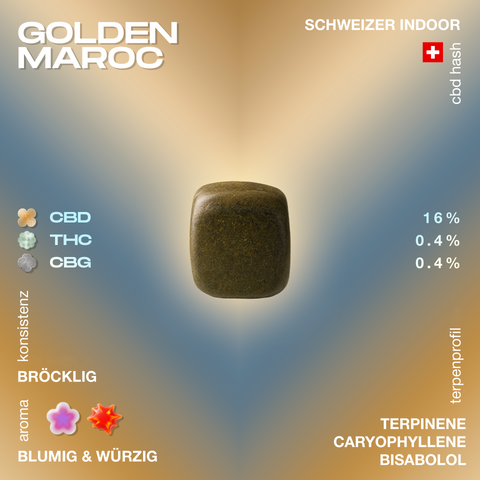 Golden Maroc CBD Hash mit 16% CBD, 0.4% THC und 0.4% CBG, bröcklige Konsistenz, blumig-würziges Aroma, Terpenprofil mit Terpinene, Caryophyllene und Bisabolol.