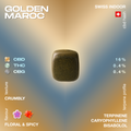 Golden Maroc CBD hash with a crumbly texture, floral and spicy flavor, containing 16% CBD, 0.4% THC, and 0.4% CBG, featuring terpenes like terpinene, caryophyllene, and bisabolol.
