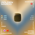 Bloc de hash CBD Golden Maroc avec des informations sur le contenu en CBD, THC et CBG, ainsi que le profil terpénique et la texture friable.