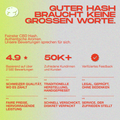 Grafik mit Bewertungen und Vorteilen von CBD Hash, darunter Schweizer Qualität und traditionelle Herstellung.