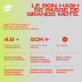 Texte en rouge sur fond dégradé décrivant les avantages du hash CBD, avec des mentions de qualité suisse, fabrication traditionnelle, et satisfaction client.