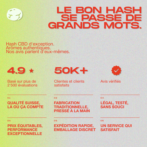 Texte en rouge sur fond dégradé, mettant en avant la qualité et la satisfaction des clients pour un produit de hash CBD exceptionnel.