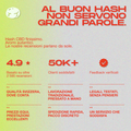 Grafica promozionale con recensioni e benefici del prodotto CBD Hash, evidenziando qualità svizzera e lavorazione tradizionale.
