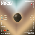 A spherical piece of Manali Cream CBD hash with creamy texture, spicy and earthy flavor, and a terpene profile including bisabolol, caryophyllene, and humulene.