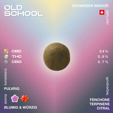Rundes Stück CBD Hash mit der Aufschrift 'Old School', 24% CBD, 0.8% THC, 0.7% CBG, blumiges und würziges Aroma, pulverige Konsistenz, Schweizer Indoor.