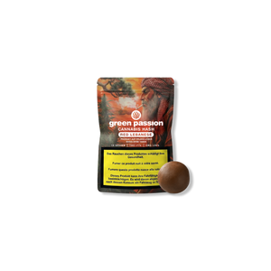 Packaging of Green Passion Cannabis Hash Red Lebanese with a pictured man and warnings in several languages.