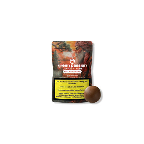 Confezione di hashish CBD Red Lebanese di Green Passion con avvertenze sanitarie e immagine di un uomo con turbante.