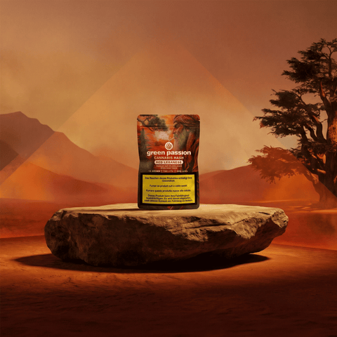 Confezione di CBD Hash Red Lebanese di Green Passion su una roccia in un paesaggio desertico con alberi e montagne sullo sfondo.