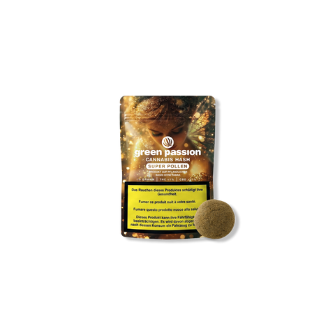 Confezione di cannabis hash Super Pollen di Green Passion con avvertenze sanitarie visibili.