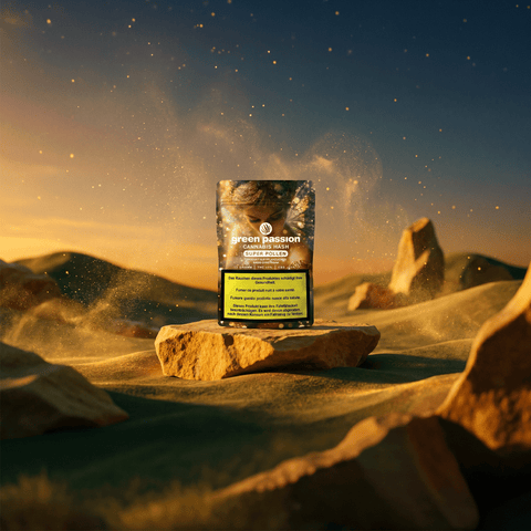 Confezione di Super Pollen CBD Hash di Green Passion su una roccia in un paesaggio desertico con cielo stellato.