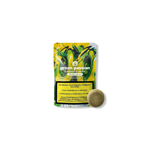 Confezione di hashish CBD Zero Zero di Green Passion con avvertenze sulla salute in diverse lingue.