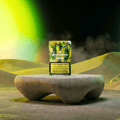 Verpackung des Zero Zero Cannabis Hash von Green Passion auf einem Steinpodest, umgeben von einem farbigen Hintergrund.