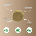 Round Zero Zero CBD hash, crumbly texture, earthy-floral aroma, handcrafted in Switzerland, contains <26% CBD, <0.9% THC.