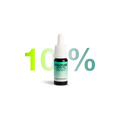 Flasche Dolocan CBD Öl 10% mit Hanfsamenöl, hergestellt in der Schweiz, vor einem Hintergrund mit der Aufschrift 10%.