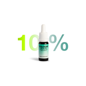Bottle of Dolocan CBD oil 10% with hemp seed oil, made in Switzerland, in front of a background reading 10%.