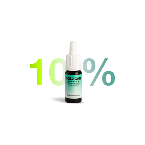Bottiglia di olio di CBD Dolocan al 10% con olio di semi di canapa, prodotta in Svizzera.