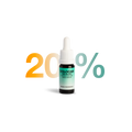 Flasche Dolocan CBD Öl 20% mit Pipette, hergestellt in der Schweiz, vor einem Hintergrund mit der Zahl 20%.