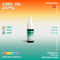 Flacon de CBD Dolocan 20% avec huile de graines de chanvre, fabriqué en Suisse, affichant les pourcentages de CBD, THC et CBG.