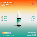 Boccetta di olio CBD Dolocan al 20% con olio di semi di canapa, prodotta in Svizzera, su sfondo sfumato arancione e verde. Mostra percentuali di CBD, THC e CBG.