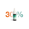 Flasche Dolocan CBD Öl 30% mit Hanfsamenöl, hergestellt in der Schweiz, vor einem Hintergrund mit der Aufschrift 30%.
