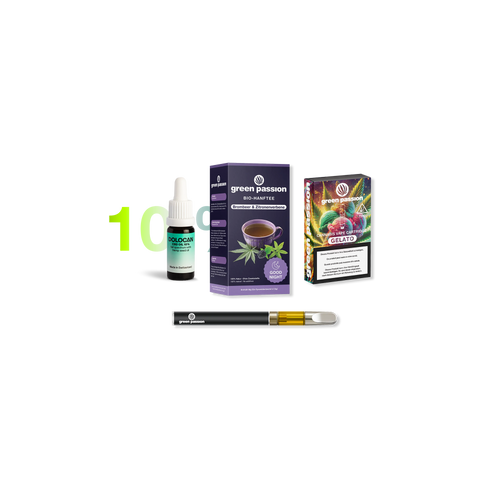 CBD Anti-Stress Set with Dolocan oil, Green Passion Bio-Hanftee, Gelato vape cartridge, and a vape pen displayed together.