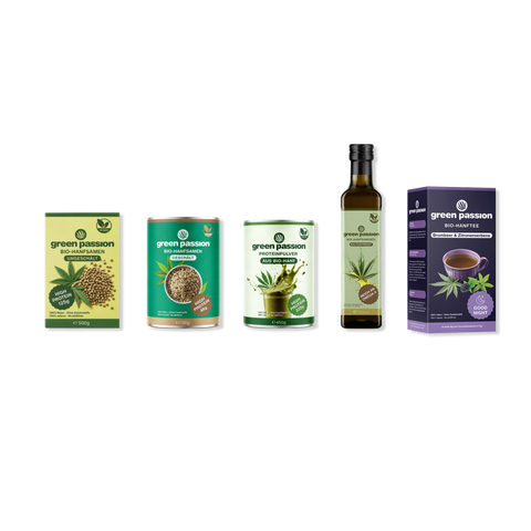 A set of Green Passion organic hemp food products including seeds, protein powder, hemp oil, and hemp tea.