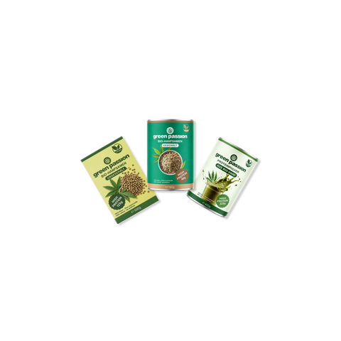 Three Green Passion products: organic hemp seeds, protein powder, and shelled hemp seeds in colorful packaging.