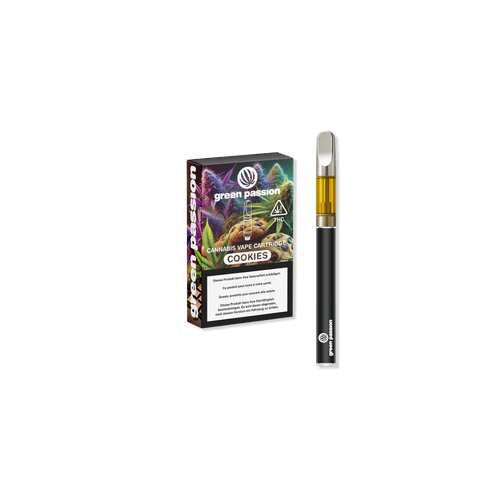 A cannabis vape cartridge package labeled 'Cookies' by Green Passion, featuring colorful cannabis imagery and a vape pen beside it.