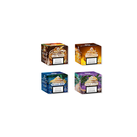 Four boxes of Green Passion Cannabis Dab products, including Live Resin, Diamonds, Sugar Wax, and Cold Cure, each labeled with 1g content.