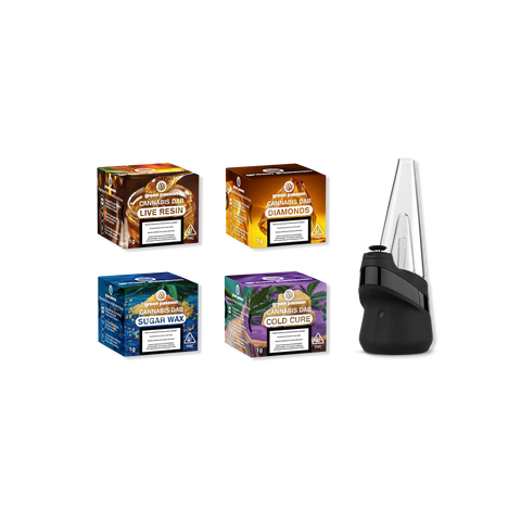 Vier Verpackungen von Green Passion Cannabis Dab Produkten mit den Sorten Live Resin, Diamonds, Sugar Wax und Cold Cure, neben einem Dab-Rig.