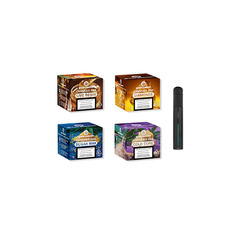 A set of four Green Passion cannabis dab products including Live Resin, Diamonds, Sugar Wax, and Cold Cure, alongside a black vaporizer pen.