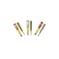 Ein Set von fünf vorgerollten CBD-Joints in transparenten und bedruckten Röhrchen mit gelben Etiketten und Schweizer Flagge.