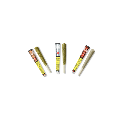 A set of pre-rolled CBD joints with distinct packaging, featuring Swiss flags and yellow labels, arranged in a semi-circle.