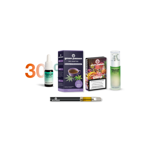 A set of Green Passion CBD products including tea, oil, and a vape pen, displayed with colorful packaging and branding.