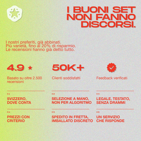 Grafica con testo in italiano che evidenzia i benefici dei set, con valutazione 4.9 stelle e oltre 50K clienti soddisfatti.