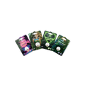 Vier Packungen mit CBD-Samen der Sorten Maui Kush, Maui Wowy, Passion Kush und Space Queen von Green Passion, dekoriert mit Pflanzenmotiven.