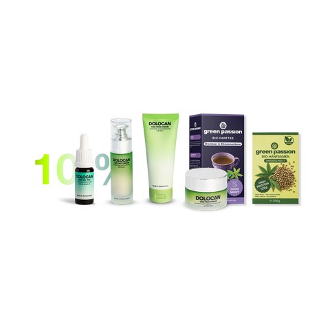 A set of CBD products including a dropper bottle, cream, lotion, tea box, and hemp seeds, all branded with Dolocan and Green Passion labels.