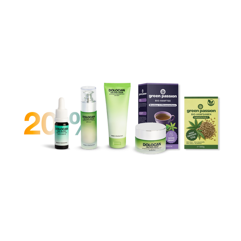 Ensemble de produits CBD comprenant des huiles, des crèmes et des thés, étiquetés Dolocan et Green Passion, avec un pourcentage de 20% visible.