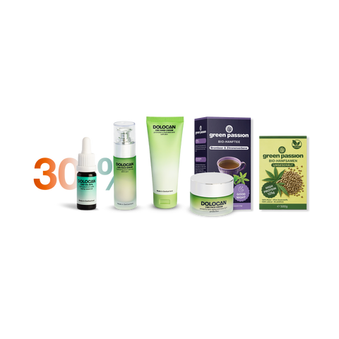 A set of Green Passion products including CBD oil, cream, tea, and hemp seeds, labeled with 30% CBD concentration.