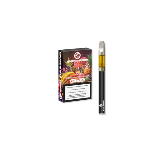CBD Vape-Set mit einer Verpackung der Sorte Zkittles von Green Passion und einer dazugehörigen Cartridge.