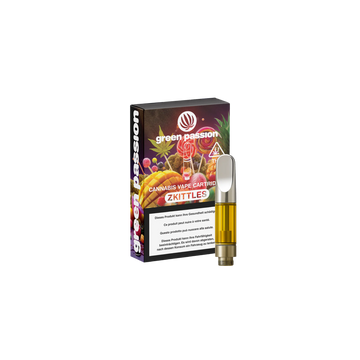 Verpackung und Kartusche der CBD Vape Cartridge Gelato von Green Passion mit buntem Design und Fruchtmotiven.