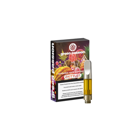Verpackung und Kartusche der CBD Vape Cartridge Zkittles von Green Passion mit buntem Design und Fruchtmotiven.
