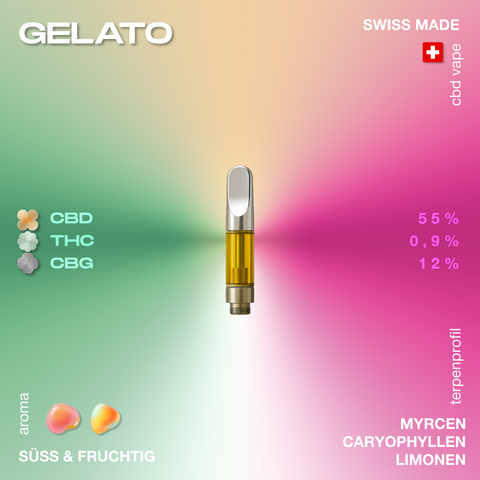CBD Vape Cartridge mit Gelato-Geschmack, 55% CBD, 0,9% THC, 12% CBG, süss und fruchtig, Swiss Made, Terpenprofil: Myrcen, Caryophyllen, Limonen.