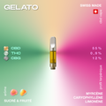 Cartouche de vape CBD Gelato avec 55% de CBD, arôme sucré et fruité, fabriquée en Suisse.
