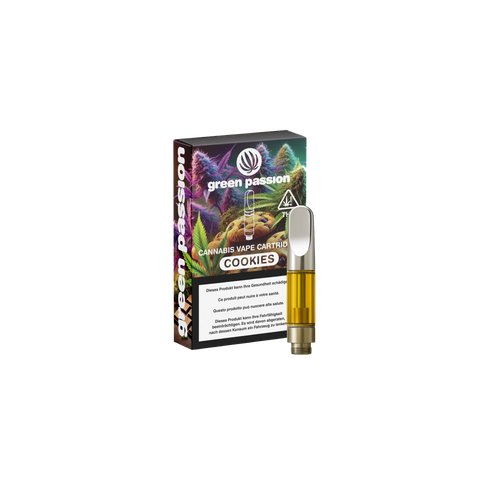 Verpackung einer Cannabis Vape Cartridge mit der Aufschrift 'Cookies' von Green Passion, daneben die dazugehörige Kartusche.