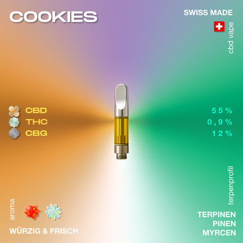 CBD-Vape-Patrone mit der Aufschrift 'Cookies', Swiss Made, zeigt CBD-, THC- und CBG-Gehalt sowie das Terpenprofil mit würzigem und frischem Aroma.
