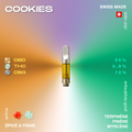 Cartouche de vape CBD Cookies avec des pourcentages de CBD, THC et CBG, arômes épicé et frais, fabriqué en Suisse.