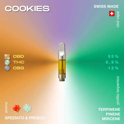 Cartuccia di vape con aroma speziato e fresco, profilo terpenico con terpinene, pinene e mircene, contenente 55% CBD, 0,9% THC e 12% CBG.