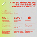 Informations visuelles sur les avantages de la marque pour les vapes CBD, avec des évaluations et des caractéristiques de qualité et de service.