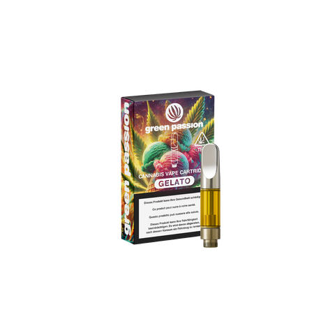 Verpackung und Kartusche eines CBD Vapes der Sorte Gelato von Green Passion mit buntem Design und Warnhinweisen.